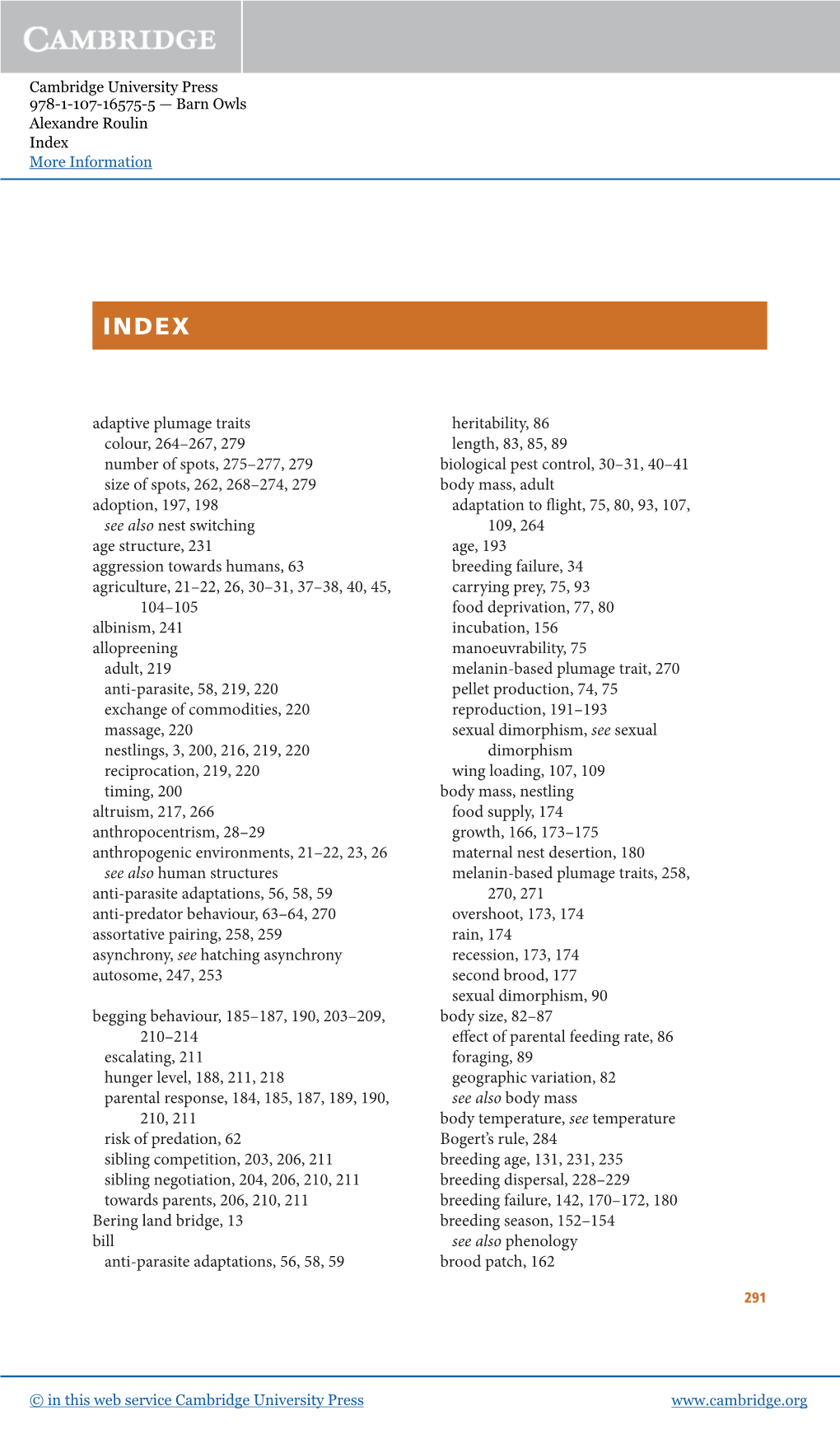 Adaptive Plumage Traits Colour, 264–267, 279 Number of Spots, 275