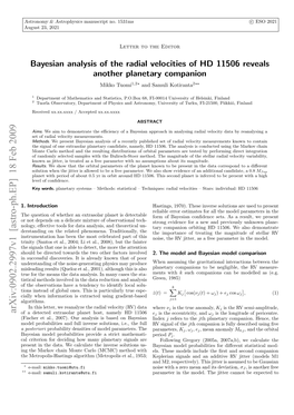 Bayesian Analysis of the Radial Velocities of HD 11506 Reveals Another Planetary Companion Mikko Tuomi1,2? and Samuli Kotiranta2??