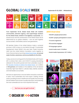 2019 Overview Communities, Demand Urgency, and Supercharge Solutions • 106,500+ People Joined Online for the Global Goals, Whether It Be Digitally Or Physically