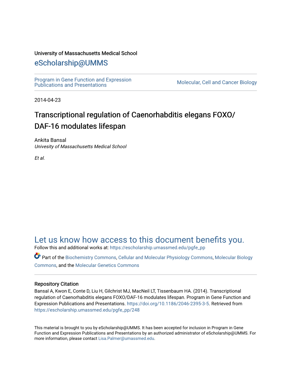 Transcriptional Regulation of Caenorhabditis Elegans FOXO/DAF-16 Modulates Lifespan