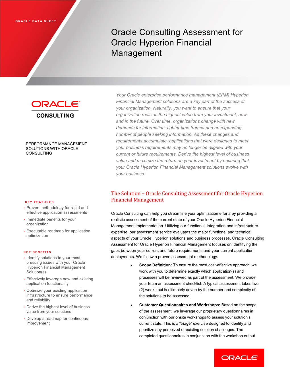 DATA SHEET Oracle Consulting Assessment for Oracle Consultinghyperion F Inancial M Anagement