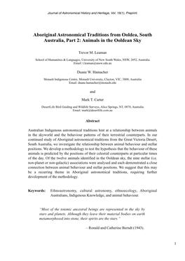 Aboriginal Astronomical Traditions from Ooldea, South Australia, Part 2: Animals in the Ooldean Sky