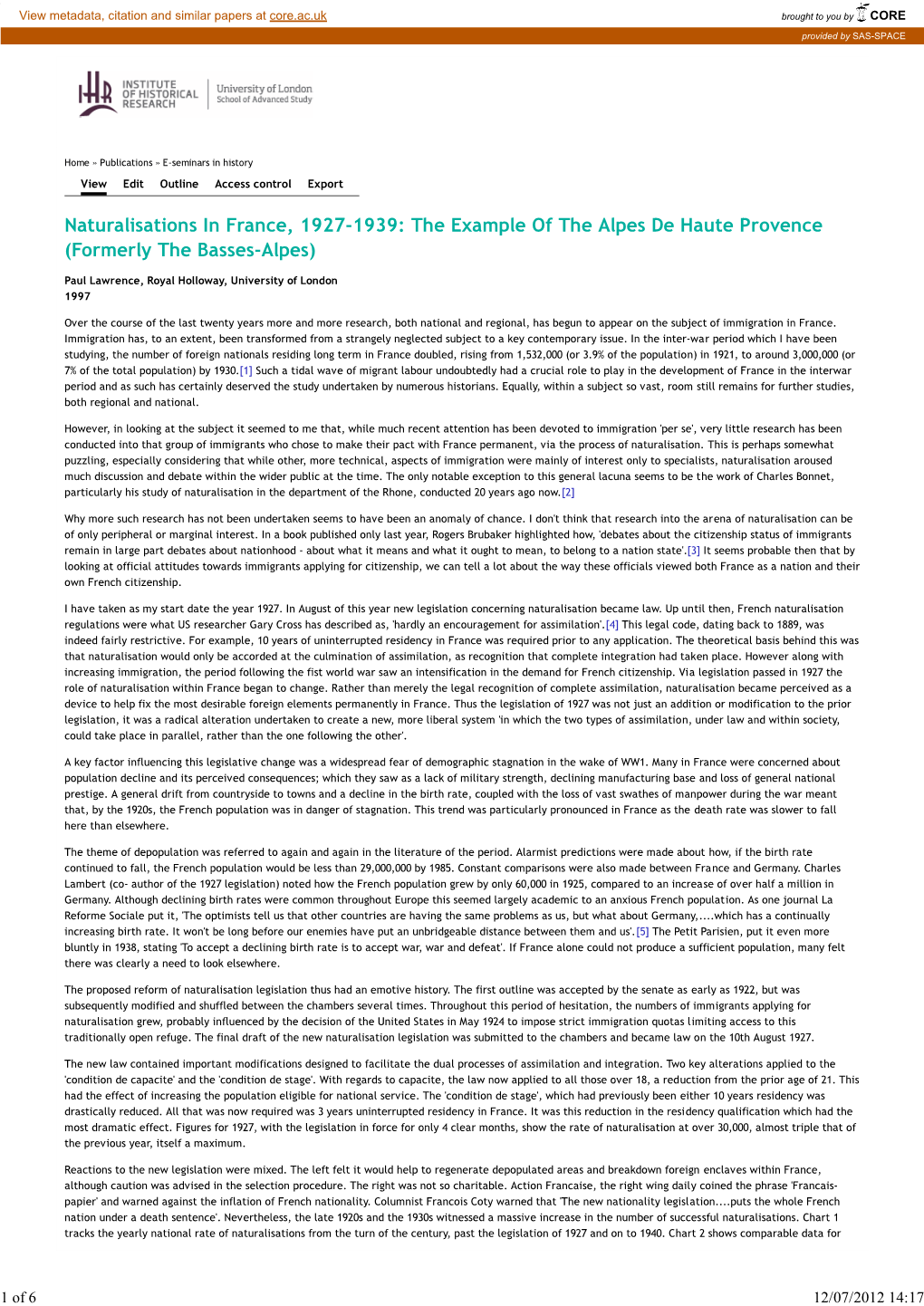 Naturalisations in France, 1927-1939: the Example of the Alpes De Haute Provence (Formerly the Basses-Alpes) by Paul Lawrence | Institute Of