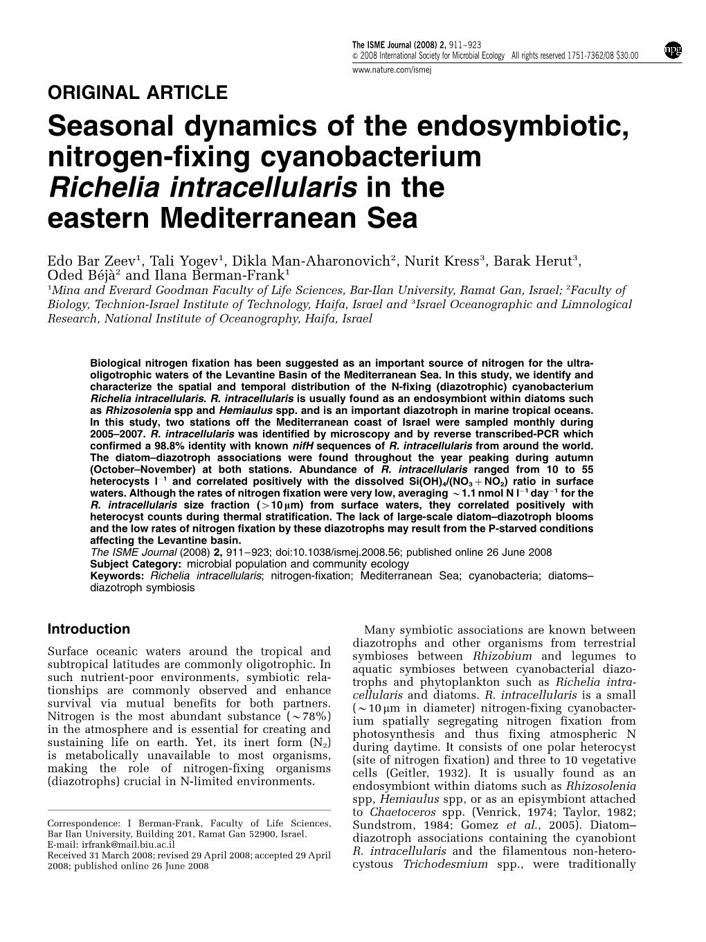 Seasonal Dynamics of the Endosymbiotic, Nitrogen-Fixing Cyanobacterium Richelia Intracellularis in the Eastern Mediterranean Sea