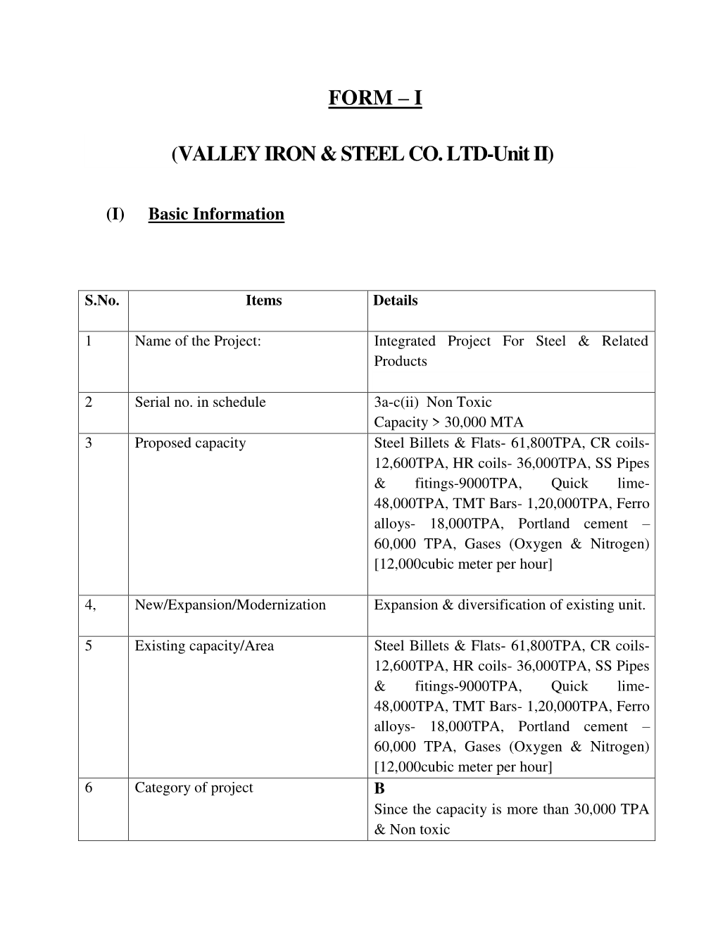 FORM – I (VALLEY IRON & STEEL CO. LTD-Unit