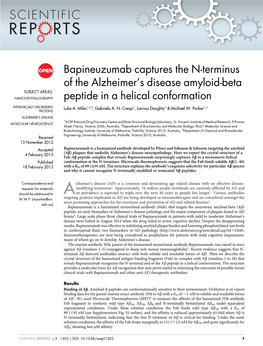 Bapineuzumab Captures the N-Terminus of the Alzheimer’S Disease Amyloid-Beta SUBJECT AREAS: NANOCRYSTALLOGRAPHY Peptide in a Helical Conformation