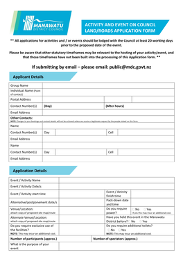 Activity and Event on Council Land/Roads Application Form
