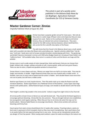 Master Gardener Corner: Zinnias Originally Published: Week of August 30, 2016