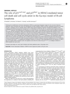 Cip1 and P27kip1 in Hdaci-Mediated Tumor Cell Death and Cell Cycle Arrest in the Em-Myc Model of B-Cell Lymphoma