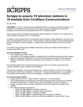 Scripps to Acquire 15 Television Stations in 10 Markets from Cordillera Communications
