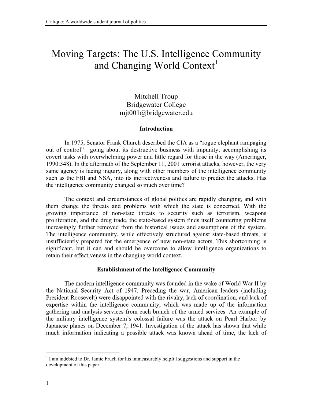 The US Intelligence Community and Changing World Context