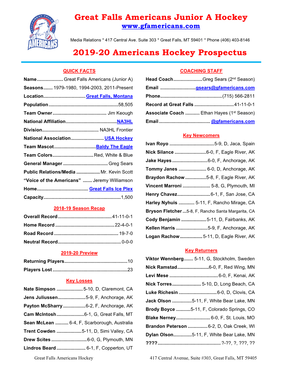 Great Falls Americans Junior a Hockey 2019-20 Americans Hockey