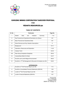 EUROZINC MINING CORPORATION TAKEOVER PROPOSAL for VEDANTA RESOURCES Plc
