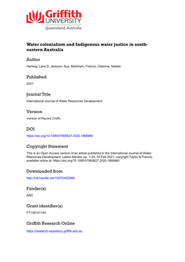 Water Colonialism and Indigenous Water Justice in South- Eastern Australia