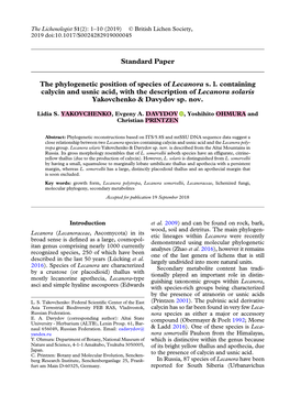Standard Paper the Phylogenetic Position of Species of Lecanora S. L