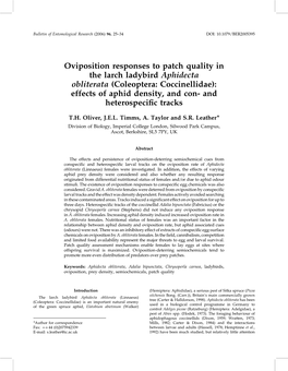 Oviposition Responses to Patch Quality in the Larch Ladybird Aphidecta