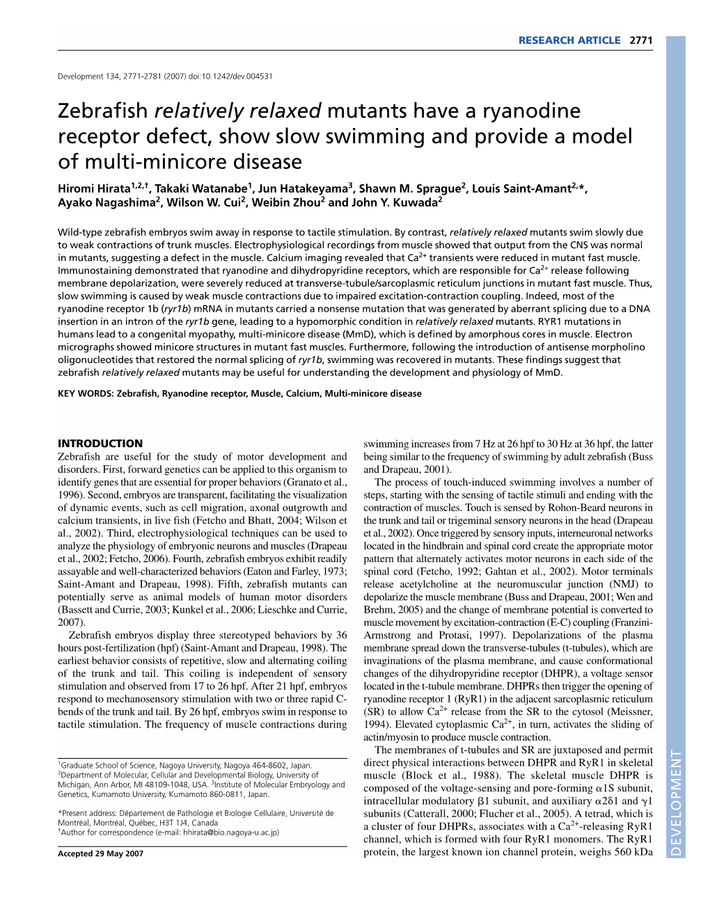 Zebrafish Relatively Relaxed Mutants Have a Ryanodine Receptor Defect