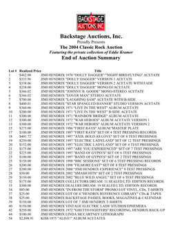 Backstage Auctions, Inc. Proudly Presents the 2004 Classic Rock Auction Featuring the Private Collection of Eddie Kramer End of Auction Summary