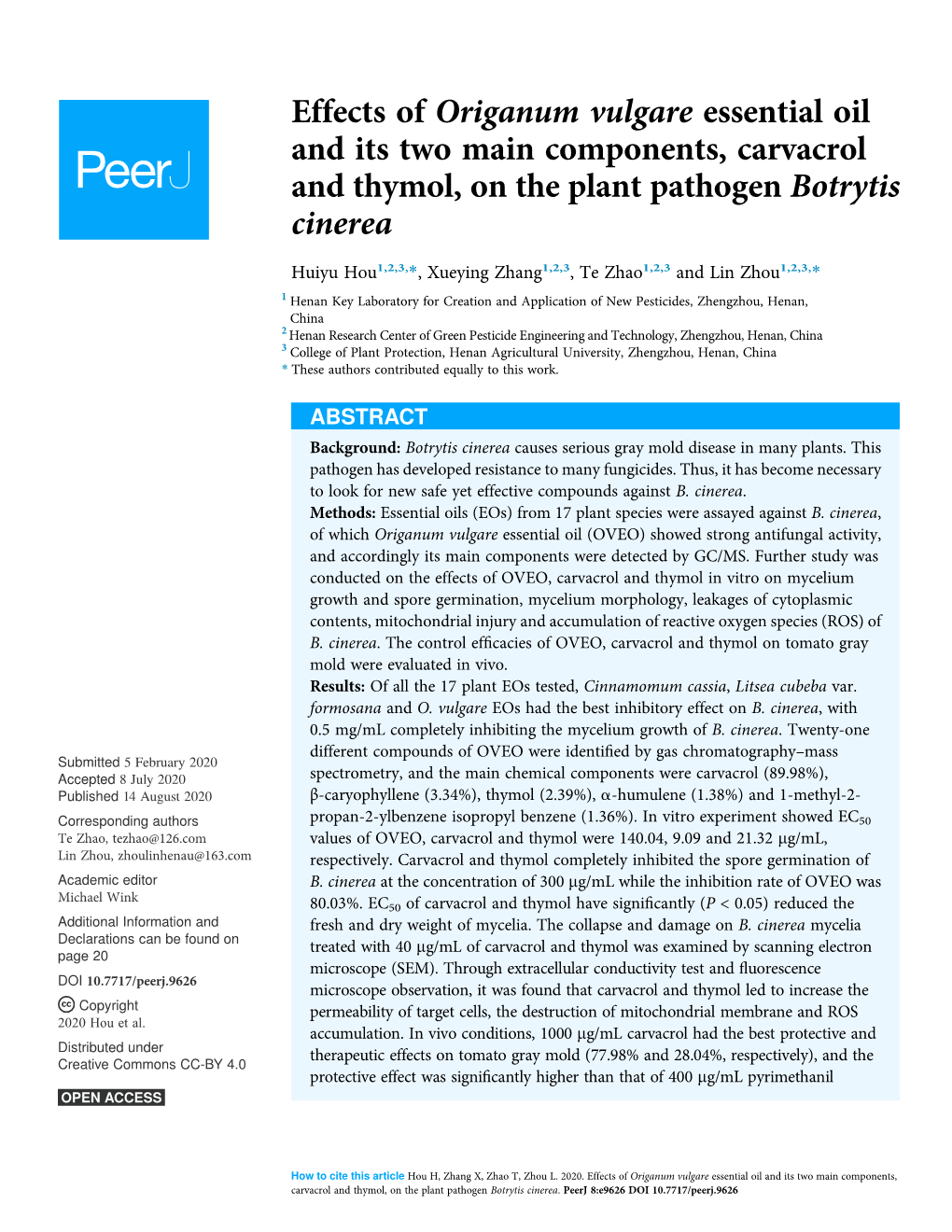 Effects of Origanum Vulgare Essential Oil and Its Two Main Components, Carvacrol and Thymol, on the Plant Pathogen Botrytis Cinerea