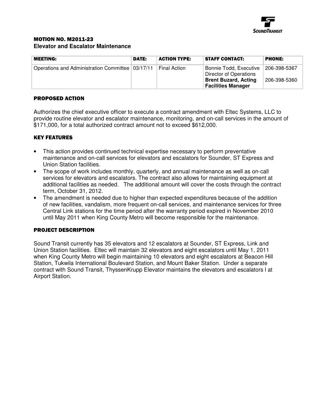 MOTION NO. M2011-23 Elevator and Escalator Maintenance