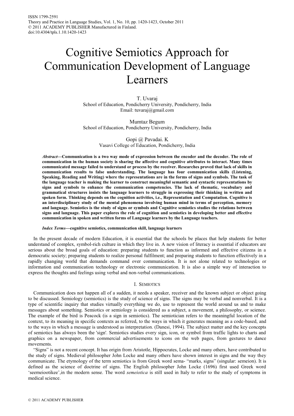 Cognitive Semiotics Approach for Communication Development of Language Learners