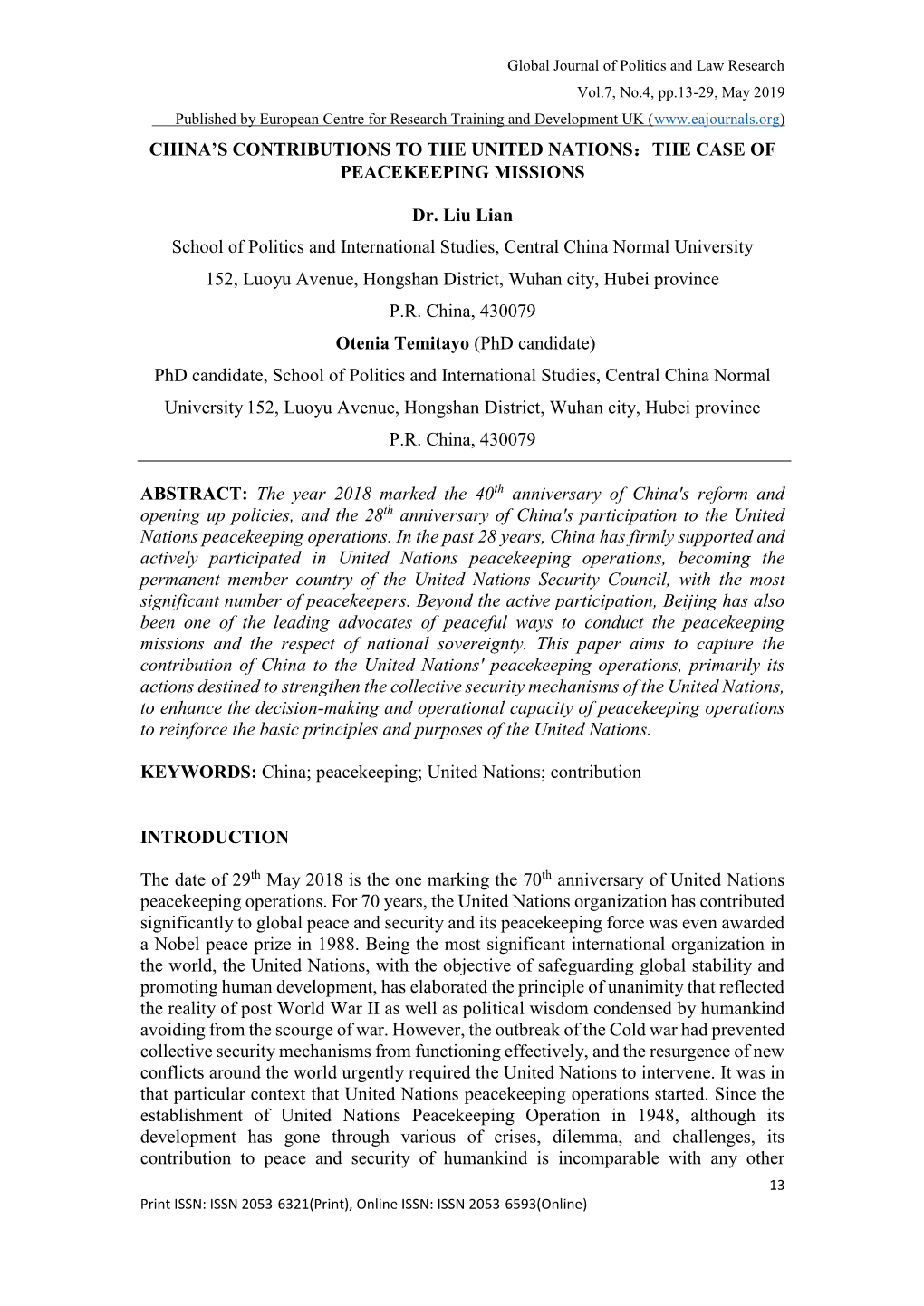 THE CASE of PEACEKEEPING MISSIONS Dr. Liu Lian School Of