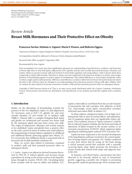 Review Article Breast Milk Hormones and Their Protective Effect on Obesity