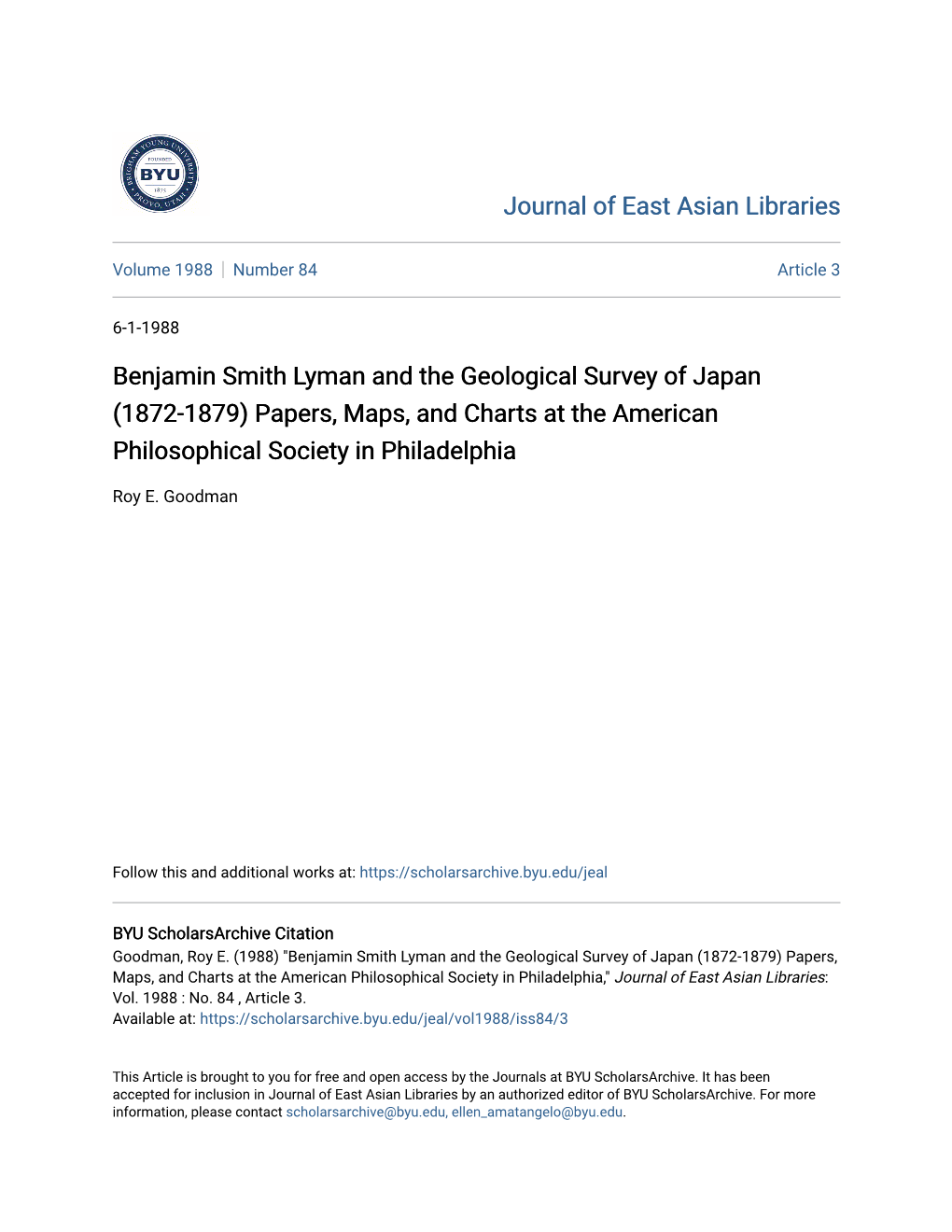 Benjamin Smith Lyman and the Geological Survey of Japan (1872-1879) Papers, Maps, and Charts at the American Philosophical Society in Philadelphia