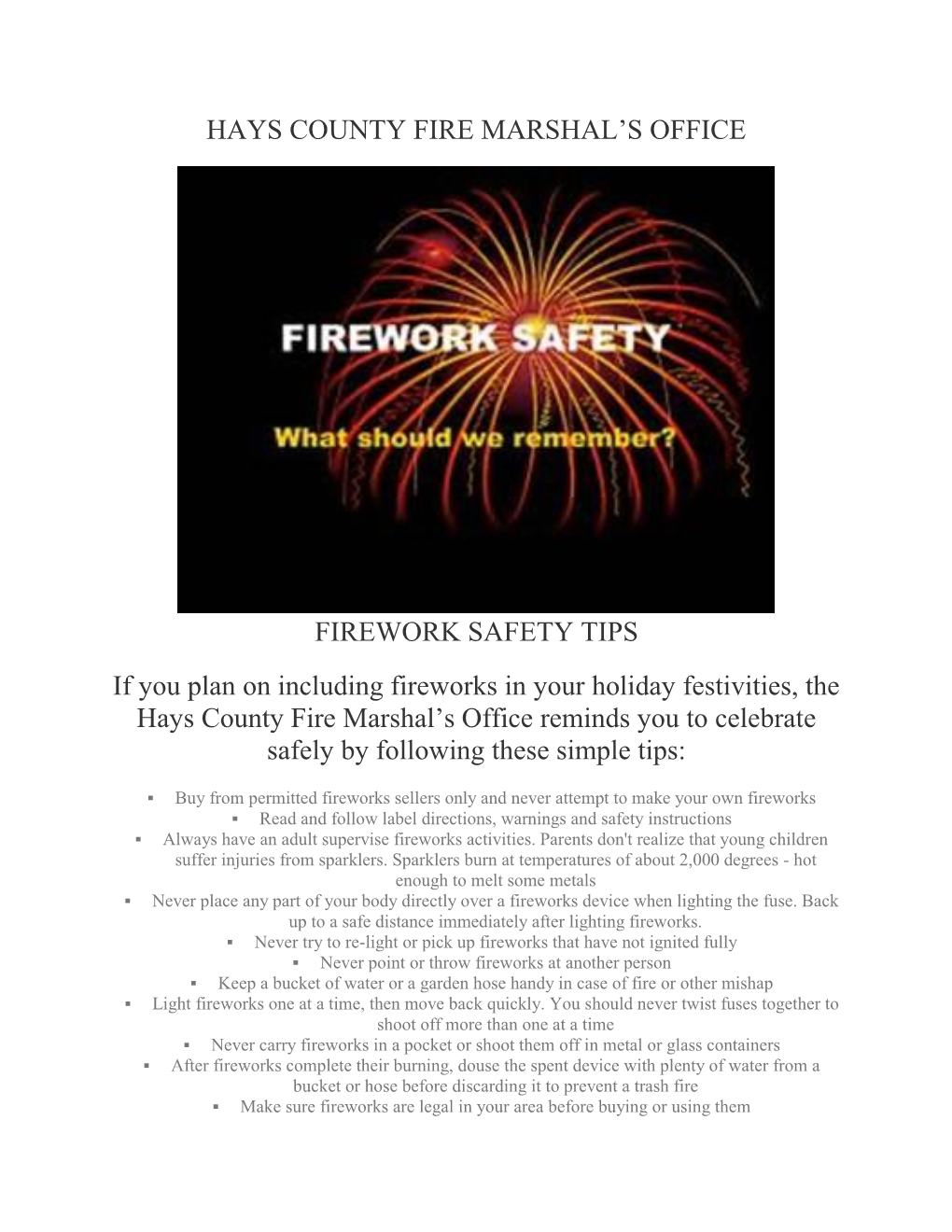 Hays County Fire Marshal's Office Firework Safety Tips DocsLib