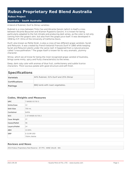 Rubus Proprietary Red Blend Australia Rubus Project Australia - South Australia