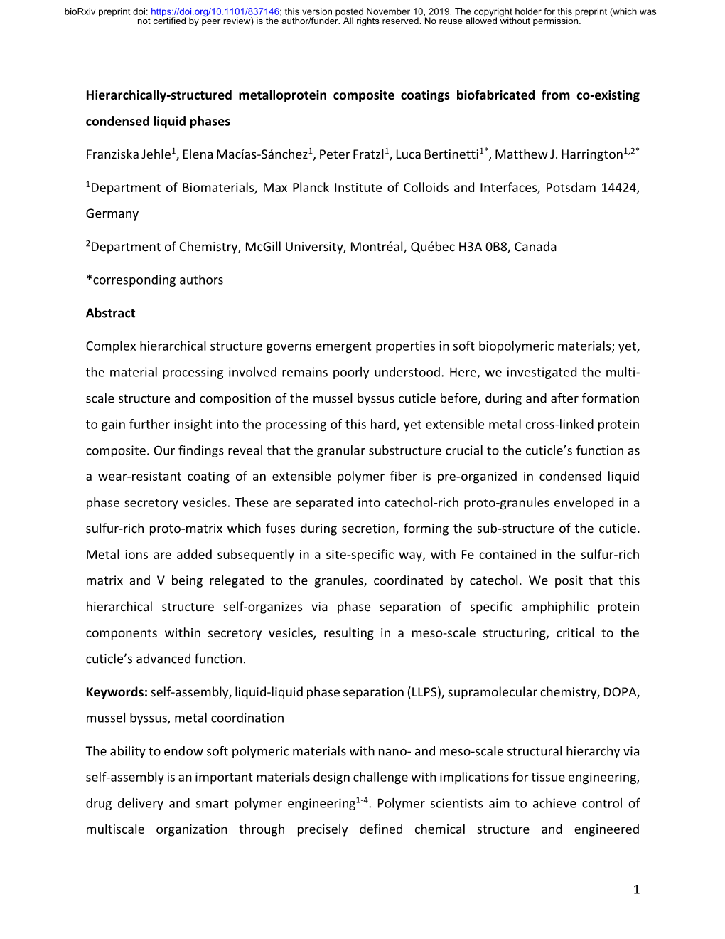 Hierarchically-Structured Metalloprotein Composite Coatings Biofabricated from Co-Existing Condensed Liquid Phases