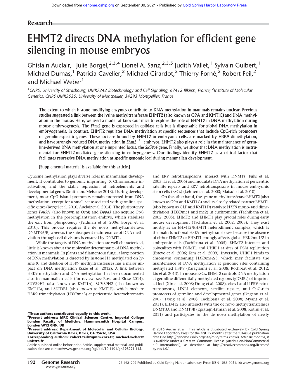 EHMT2 Directs DNA Methylation for Efficient Gene Silencing in Mouse Embryos