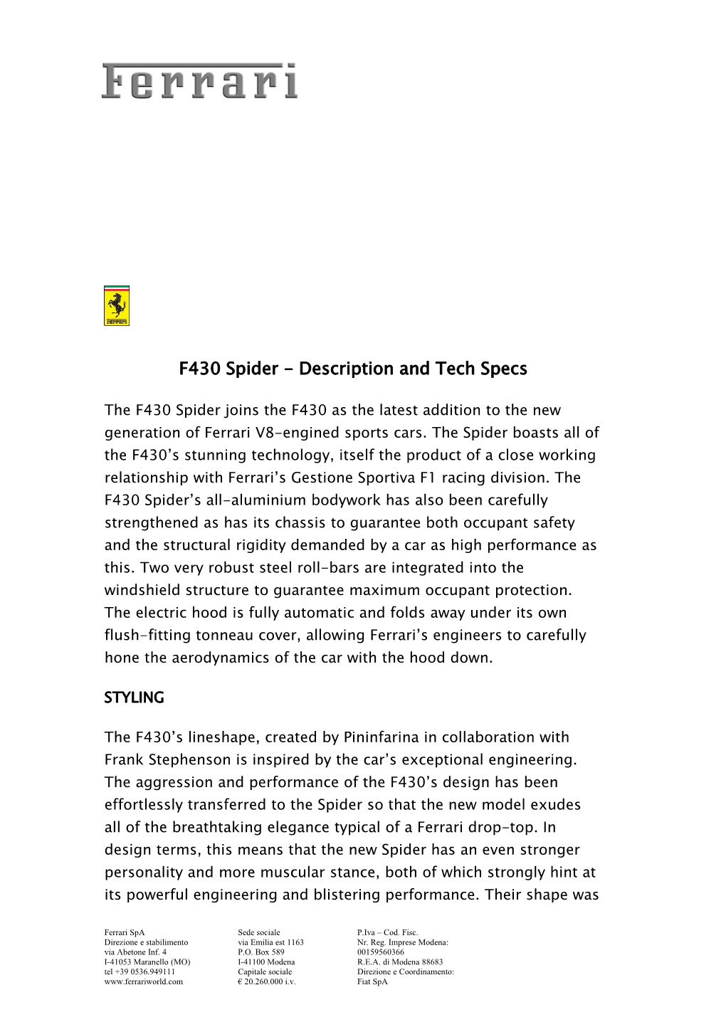 F430 Spider - Description and Tech Specs