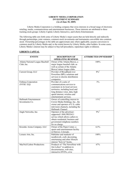 LIBERTY MEDIA CORPORATION INVESTMENT SUMMARY (As of June 30, 2009)