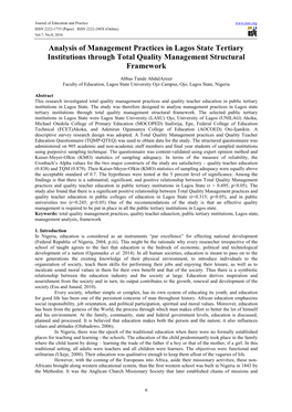 Analysis of Management Practices in Lagos State Tertiary Institutions Through Total Quality Management Structural Framework