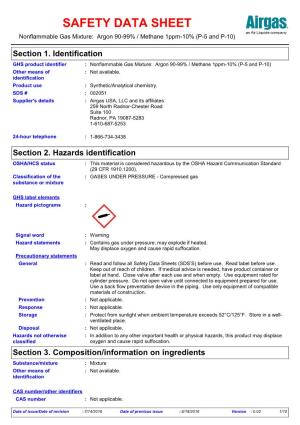 SAFETY DATA SHEET Nonflammable Gas Mixture: Argon 90-99% / Methane 1Ppm-10% (P-5 and P-10)