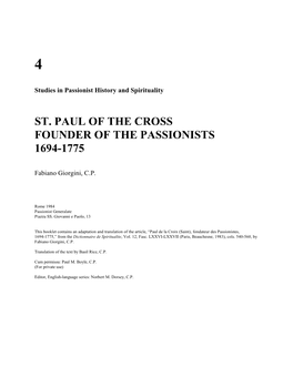 St. Paul of the Cross, Founder of the Passionists, 1694-1775