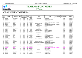 CLASSEMENT GENERAL TRAIL Des FONTAINES 17Km