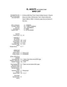 Mindo Bird List Available Upon Request