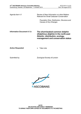 The Short-Beaked Common Dolphin (Delphinus Delphis) in the North-East Atlantic: Distribution, Ecology, Management and Conservation Status