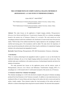 The Contributions of Computational Imaging Methods in Archaeology: a Case Study in Termessos (Turkey)