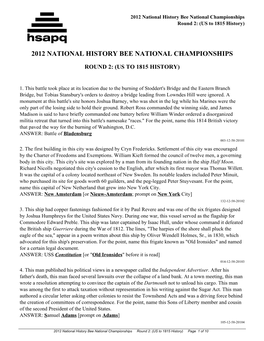 2012 National History Bee National Championships Round 2: (US to 1815 History)