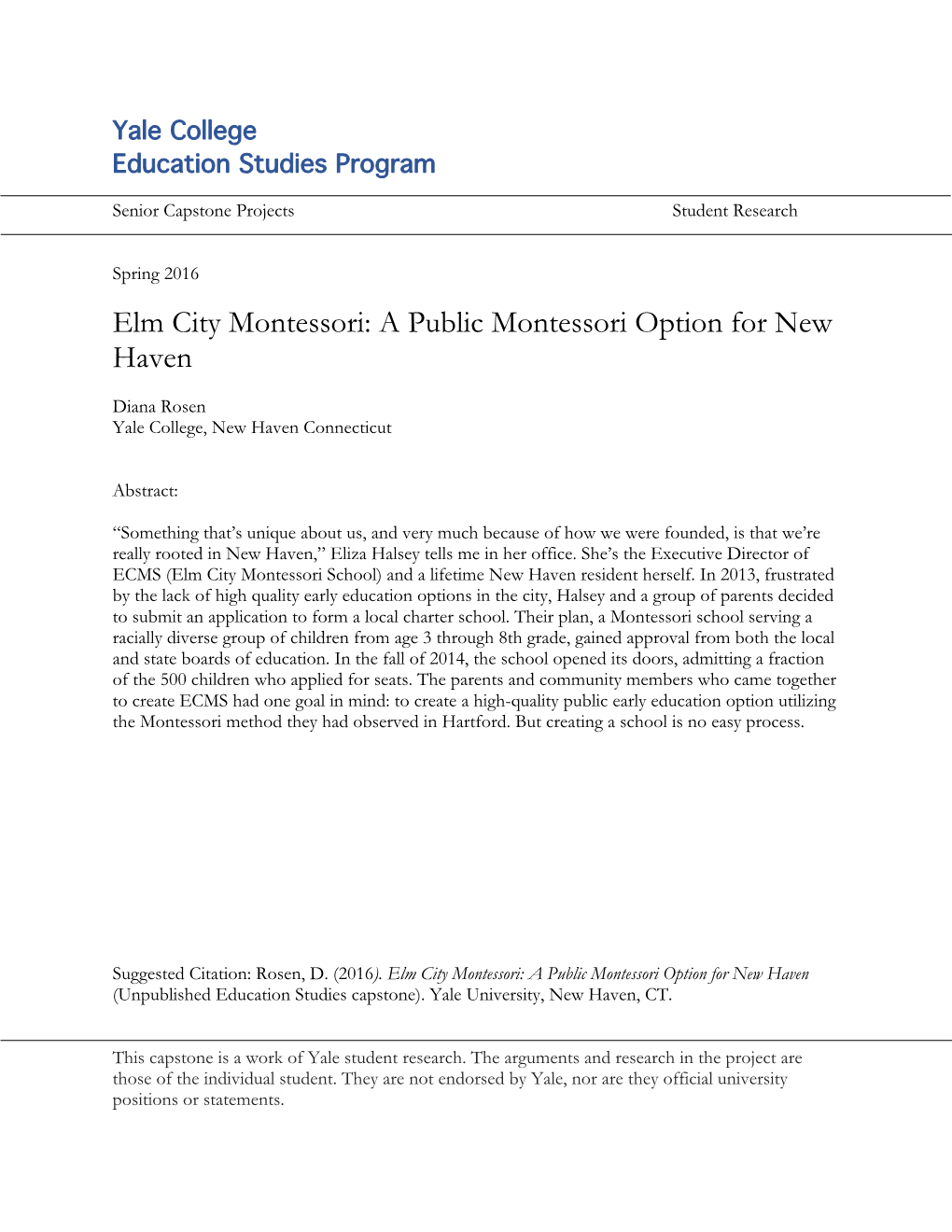 Elm City Montessori: a Public Montessori Option for New Haven