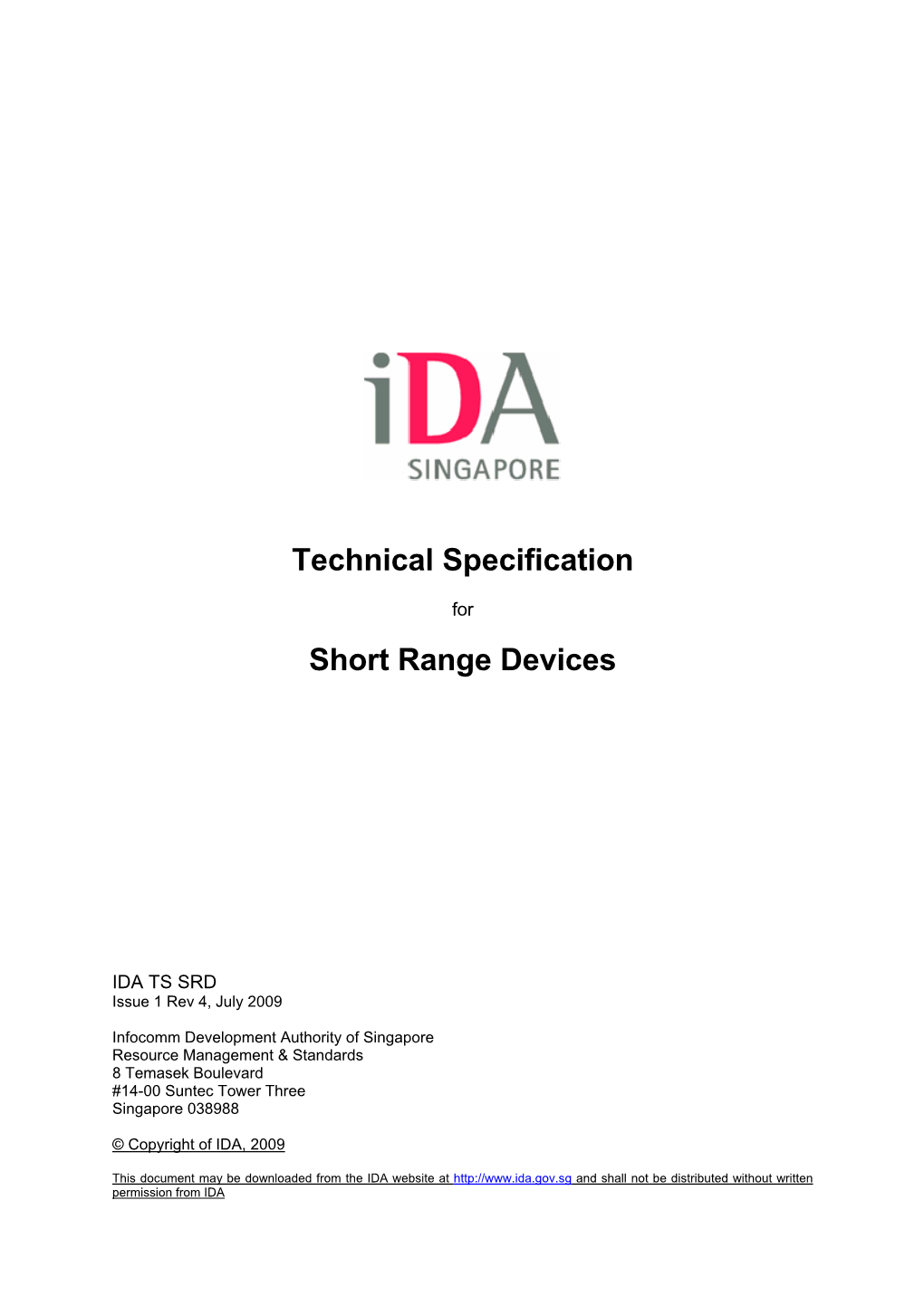 Technical Specification for Short Range Devices