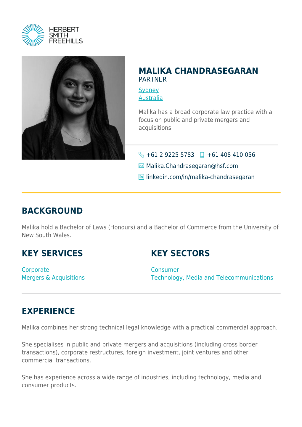 MALIKA CHANDRASEGARAN PARTNER Sydney Australia