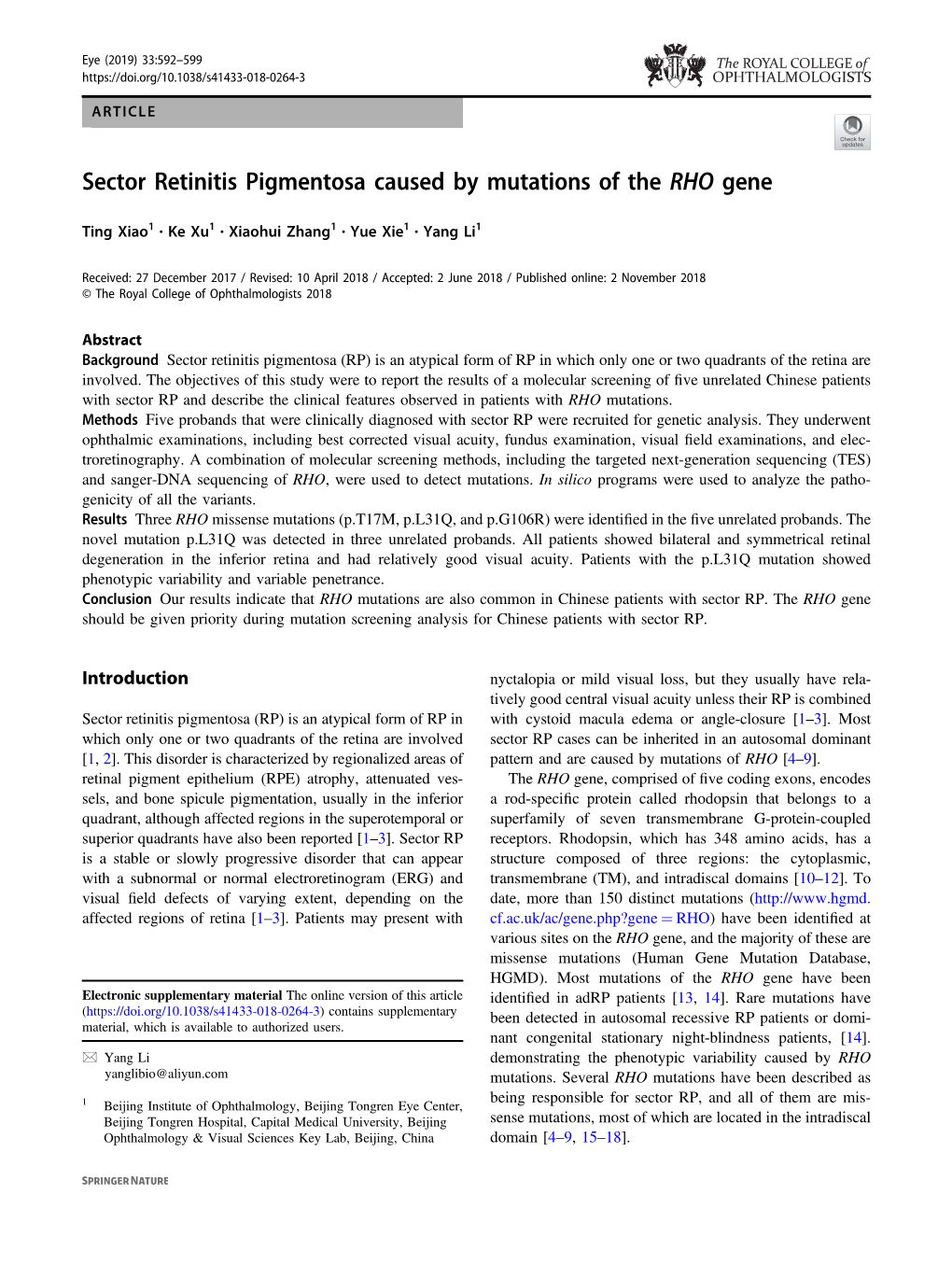 Sector Retinitis Pigmentosa Caused by Mutations of the RHO Gene