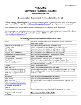 PFIZER, INC. Commercial Invoice/Packing List Instructions/Checklist