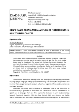 Genre Based Translation: a Study of Noticements in Bali Tourism Objects