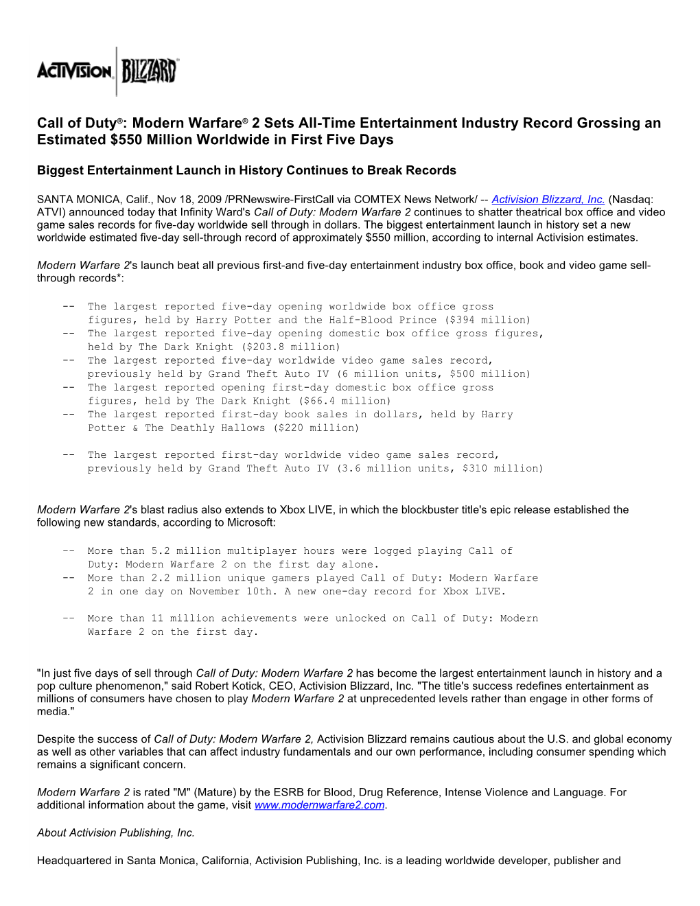 Call of Duty®: Modern Warfare® 2 Sets All-Time Entertainment Industry Record Grossing an Estimated $550 Million Worldwide in First Five Days