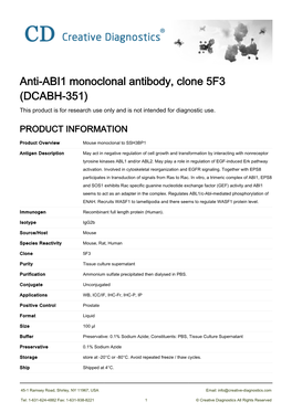 Anti-ABI1 Monoclonal Antibody, Clone 5F3 (DCABH-351) This Product Is for Research Use Only and Is Not Intended for Diagnostic Use